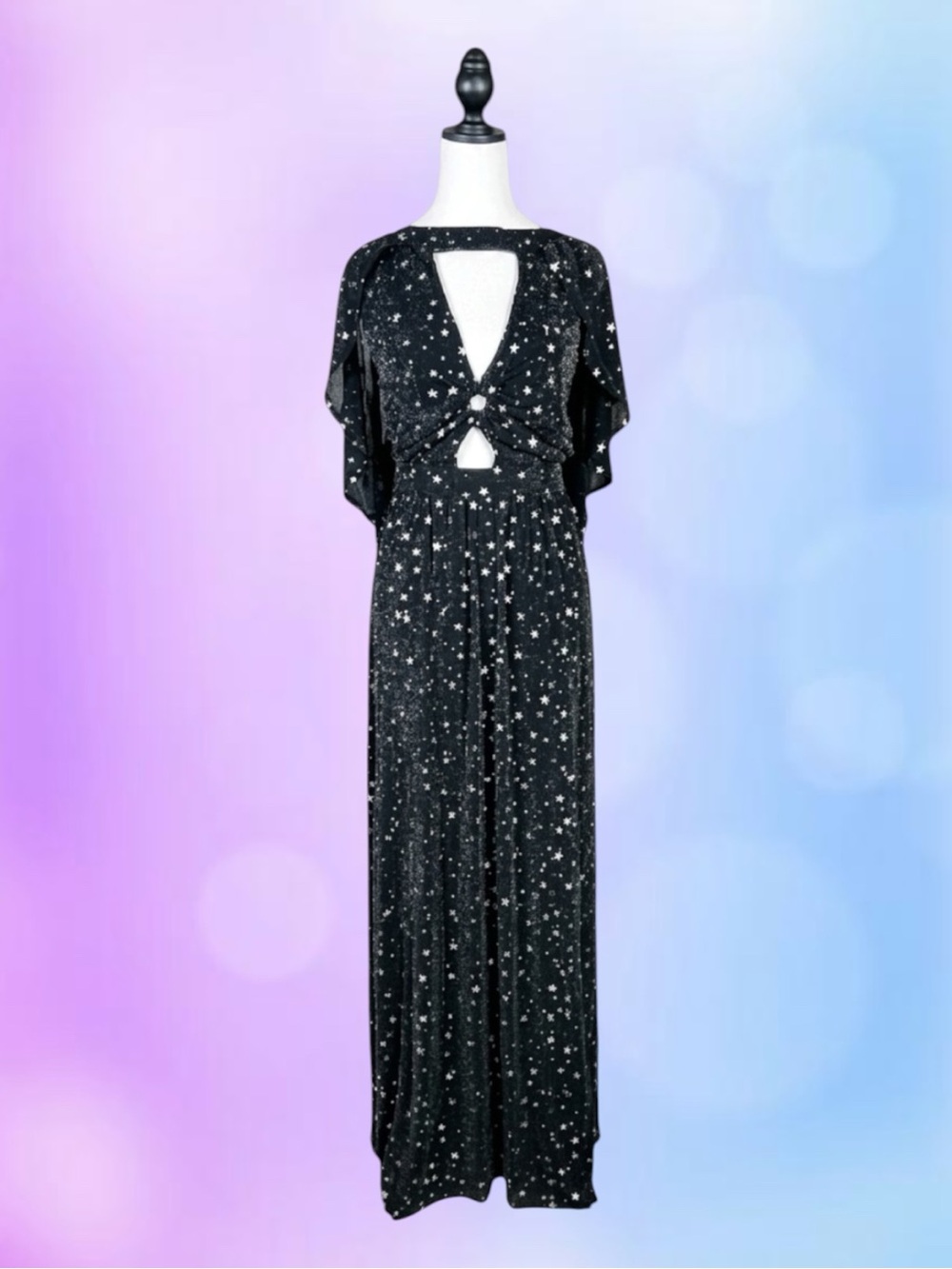 Unique Vintage Smak Parlour Maxi Dress Black Celestial Star Cutout Cape 2X/18